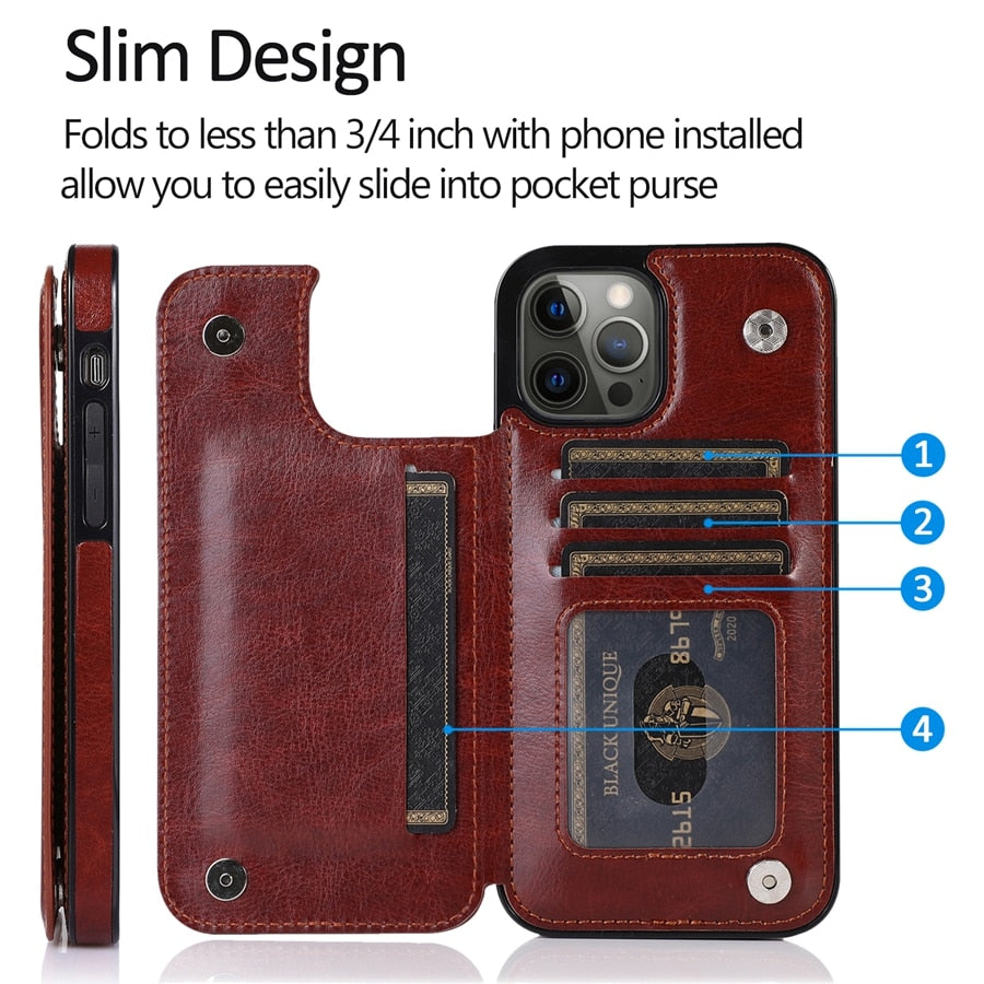 Wallet Double Button With Card Slot Stand Leather Case For iPhone 15 14 Pro Max 13 12 Plus