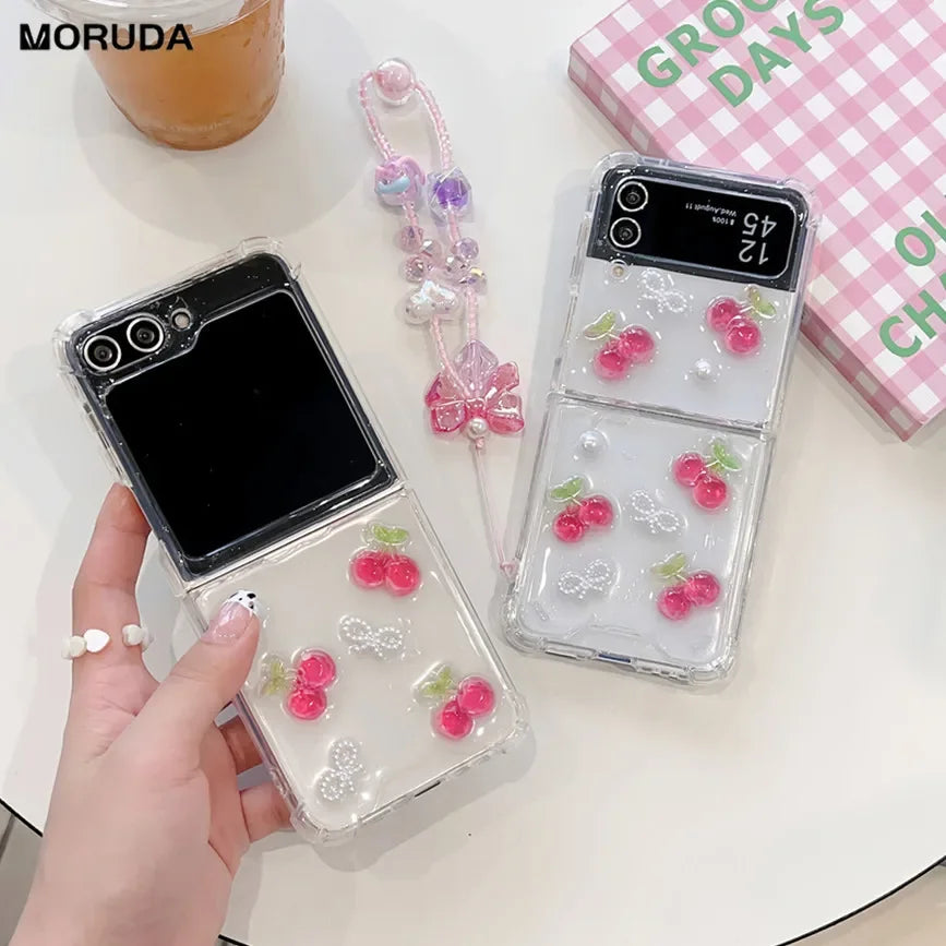 Cute Cherry Wrist Strap Case For Samsung Galaxy Z Flip 5 4 3 Phone Cover