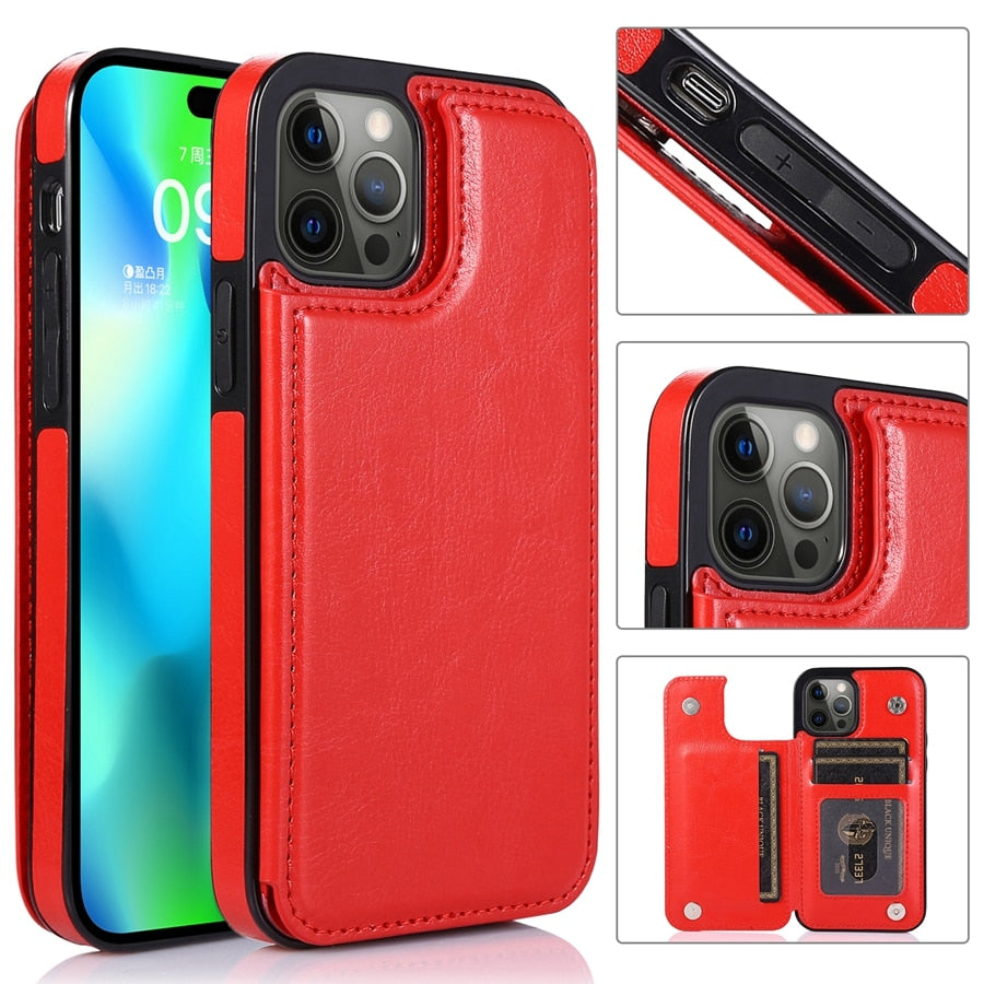 Wallet Double Button With Card Slot Stand Leather Case For iPhone 15 14 Pro Max 13 12 Plus