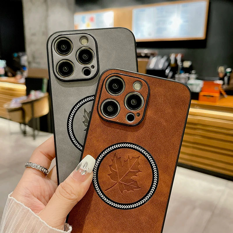 Leather Case For iphone Magsafe Wireless Charging Phone Cover