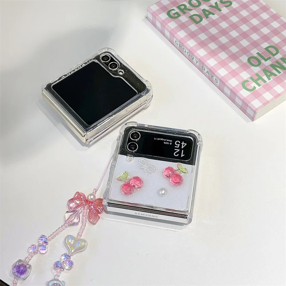 Cute Cherry Wrist Strap Case For Samsung Galaxy Z Flip 5 4 3 Phone Cover