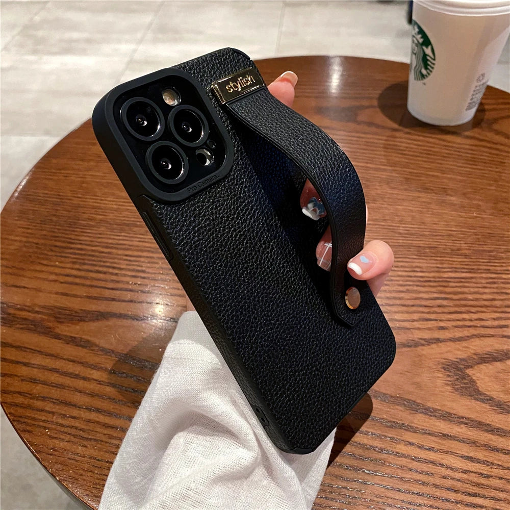 Luxury Wrist Strap Leather Case For iPhone 15 12 13 14 Pro Max Plus Cover