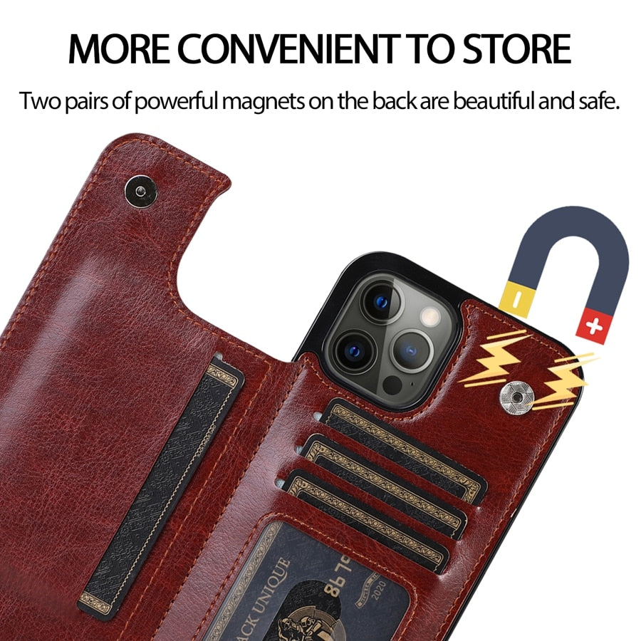 Wallet Double Button With Card Slot Stand Leather Case For iPhone 15 14 Pro Max 13 12 Plus
