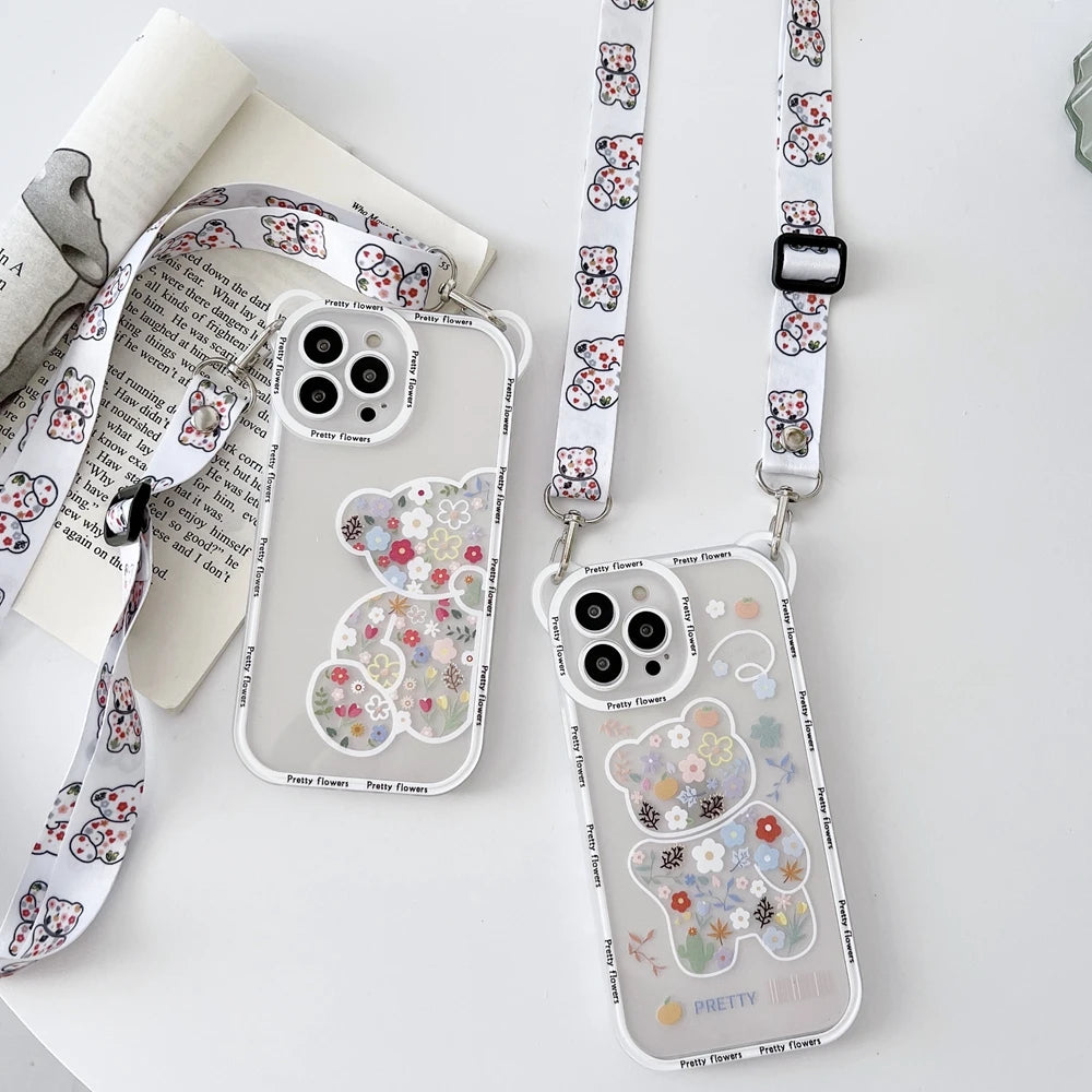 Cute Cartoon Flowers Bear Crossbody Case For iPhone Cover