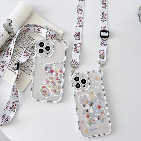 Cute Cartoon Flowers Bear Crossbody Case For iPhone Cover