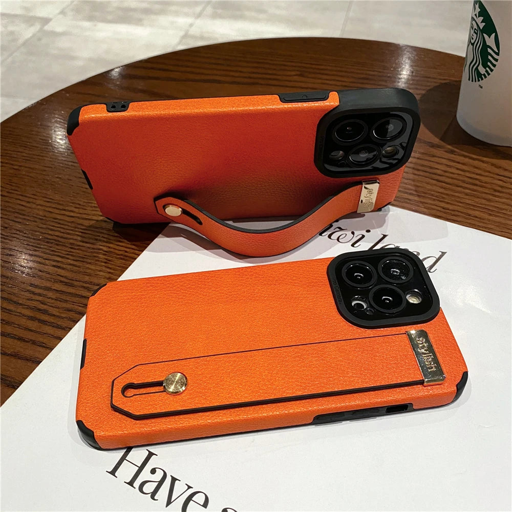 Luxury Wrist Strap Leather Case For iPhone 15 12 13 14 Pro Max Plus Cover