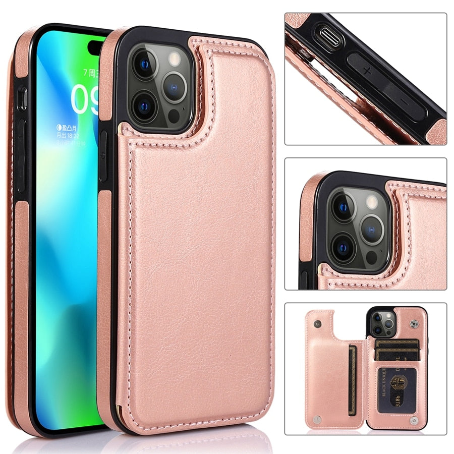 Wallet Double Button With Card Slot Stand Leather Case For iPhone 15 14 Pro Max 13 12 Plus