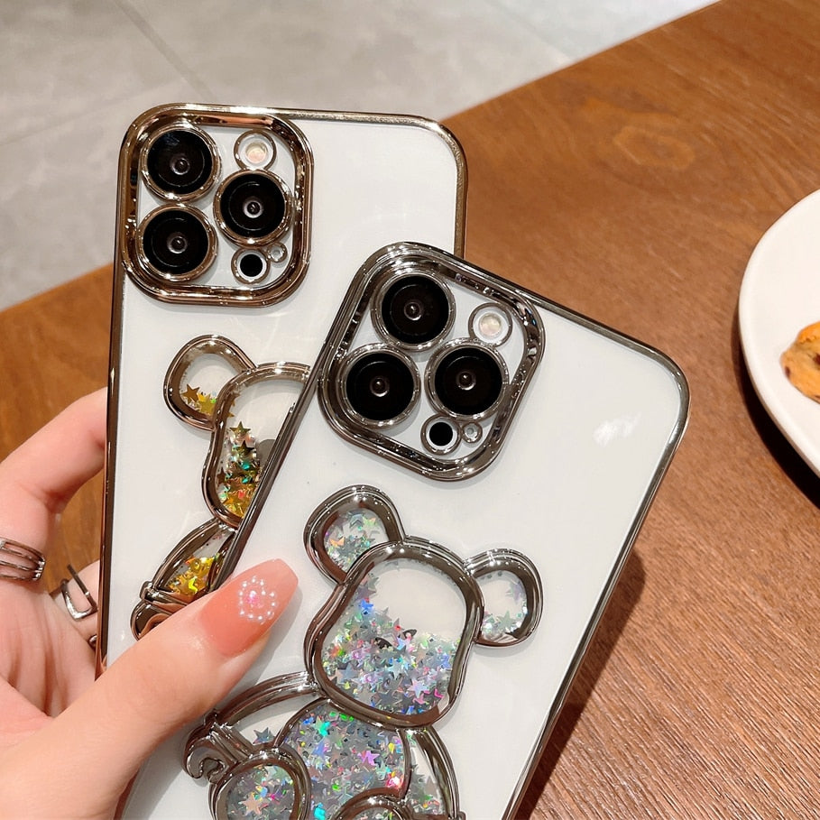 iPhone 15 14 13 12 Cartoon Bear Quicksand Case for iPhone