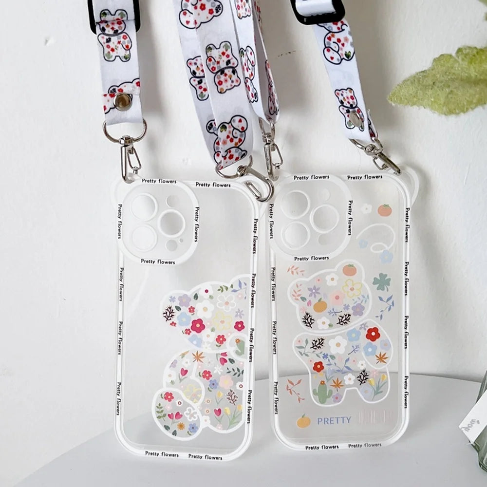Cute Cartoon Flowers Bear Crossbody Case For iPhone Cover