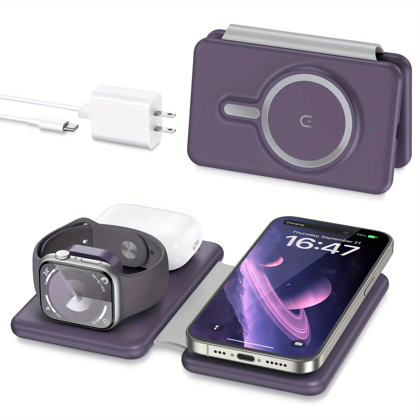 Cell Phone Wireless Charger 3-in-1 Travel Charging Station for Multiple Devices