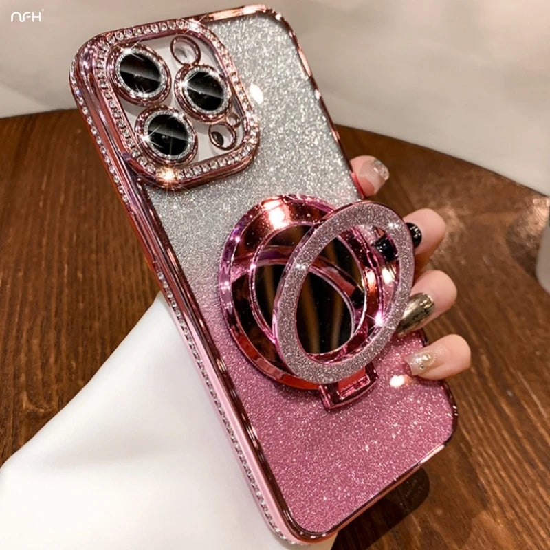 Luxury Plating Flash Mirror Holder Stand Diamond Frame Cover