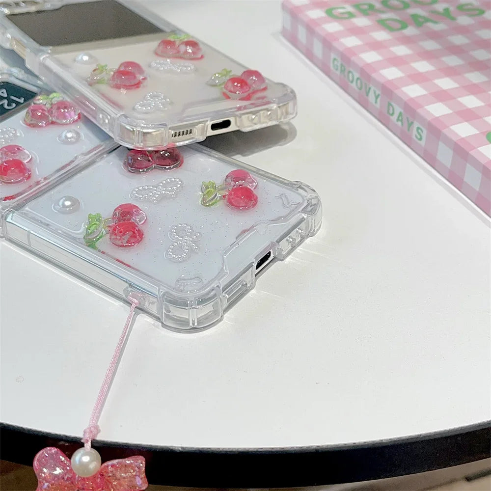 Cute Cherry Wrist Strap Case For Samsung Galaxy Z Flip 5 4 3 Phone Cover
