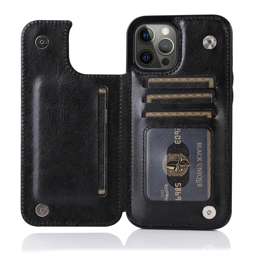 Wallet Double Button With Card Slot Stand Leather Case For iPhone 15 14 Pro Max 13 12 Plus