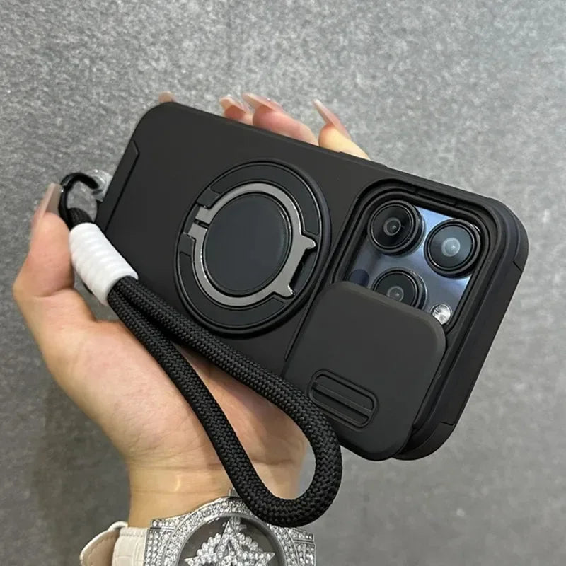 Stand Holder Slide Window Magnetic with Wrist Strap Phone Case