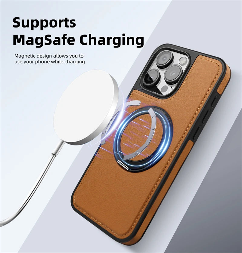 Metal Ring Stand Magsafe Magnetic Leather Case