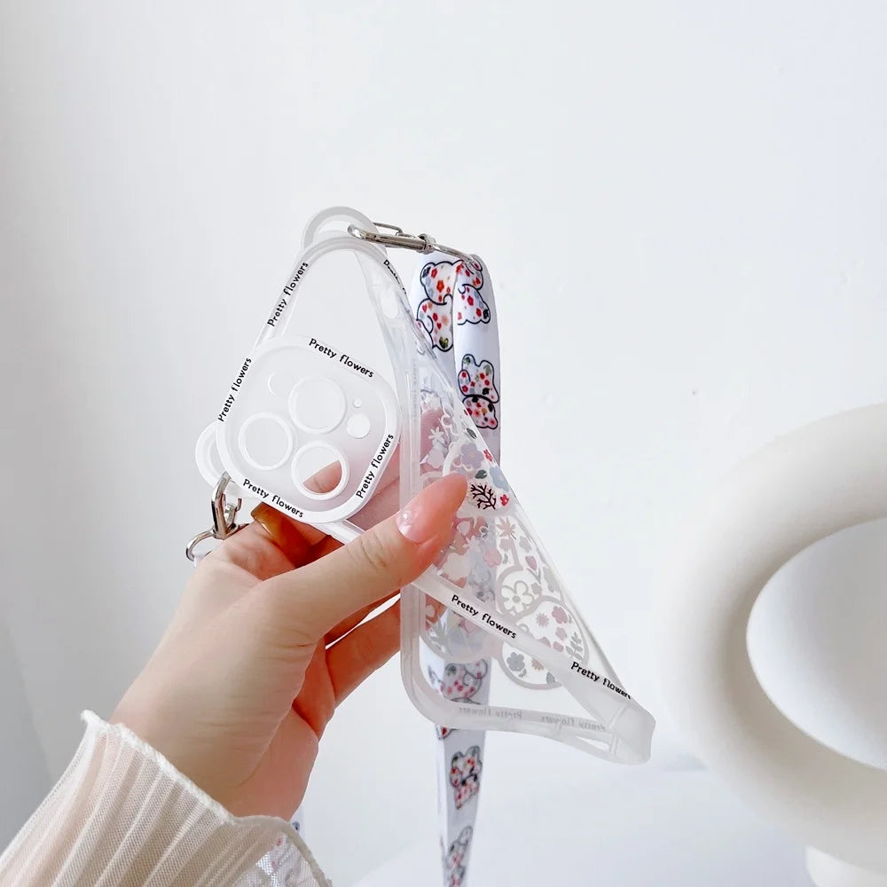 Cute Cartoon Flowers Bear Crossbody Case For iPhone Cover