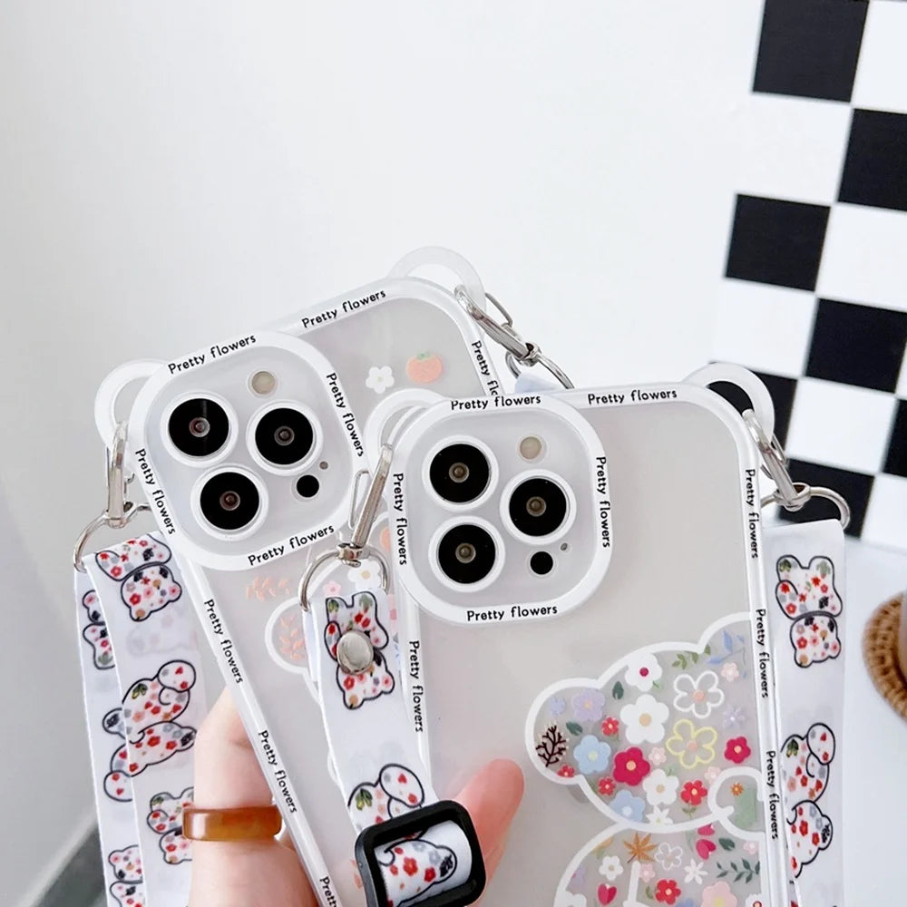 Cute Cartoon Flowers Bear Crossbody Case For iPhone Cover