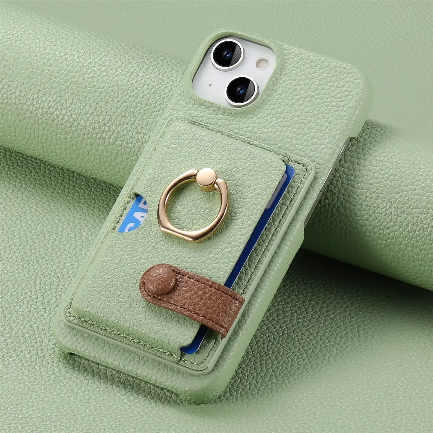 Leather Ring Phone Case for IPhone Wallet with Card Holder Cover