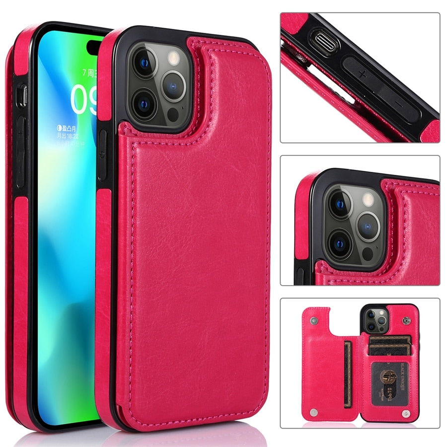 Wallet Double Button With Card Slot Stand Leather Case For iPhone 15 14 Pro Max 13 12 Plus