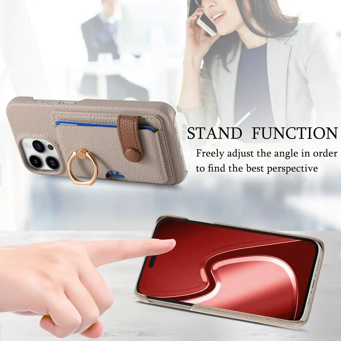 Leather Ring Phone Case for IPhone Wallet with Card Holder Cover