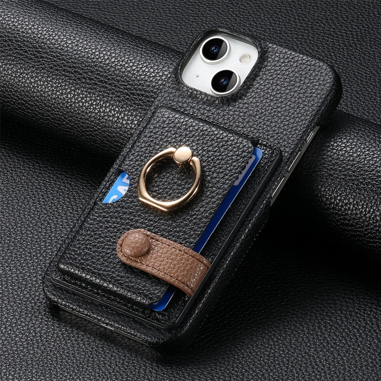 Leather Ring Phone Case for IPhone Wallet with Card Holder Cover