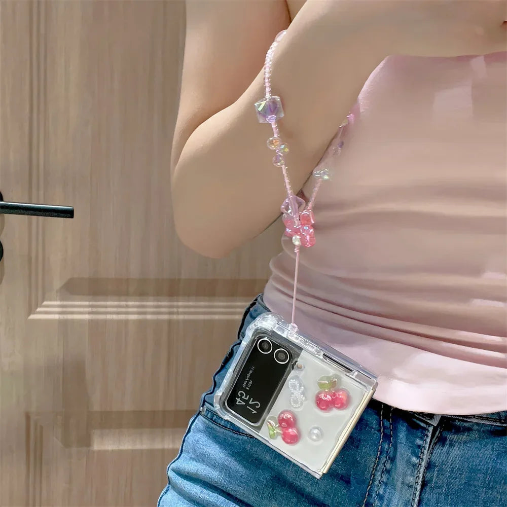 Cute Cherry Wrist Strap Case For Samsung Galaxy Z Flip 5 4 3 Phone Cover