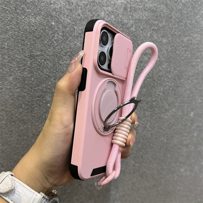 Stand Holder Slide Window Magnetic with Wrist Strap Phone Case