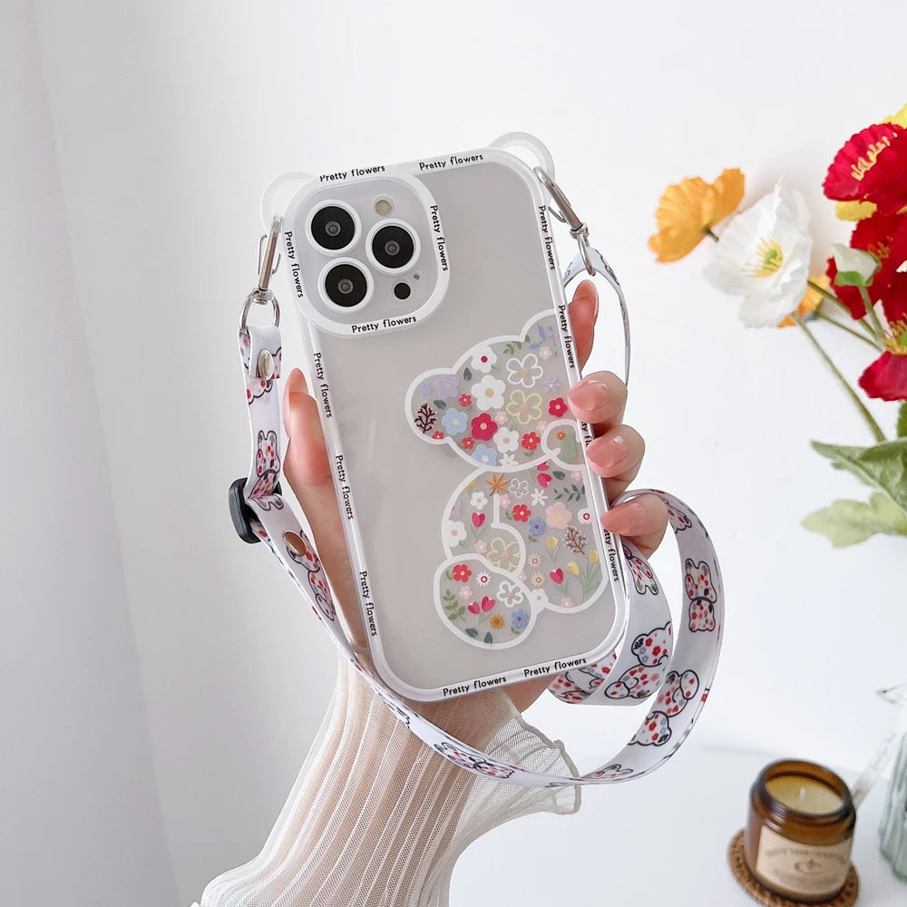 Cute Cartoon Flowers Bear Crossbody Case For iPhone Cover