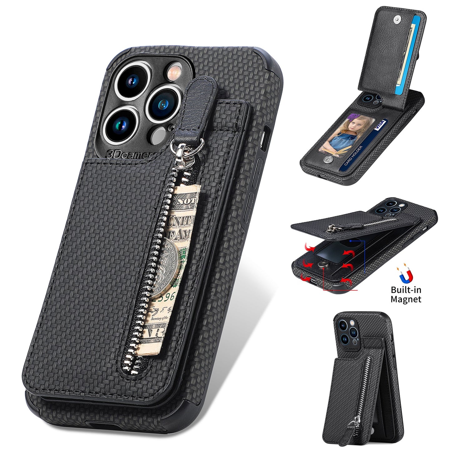 Zipper Cards Wallet Leather iPhone 14 iPhone 13/12, Pro, Pro Max, Phone Case