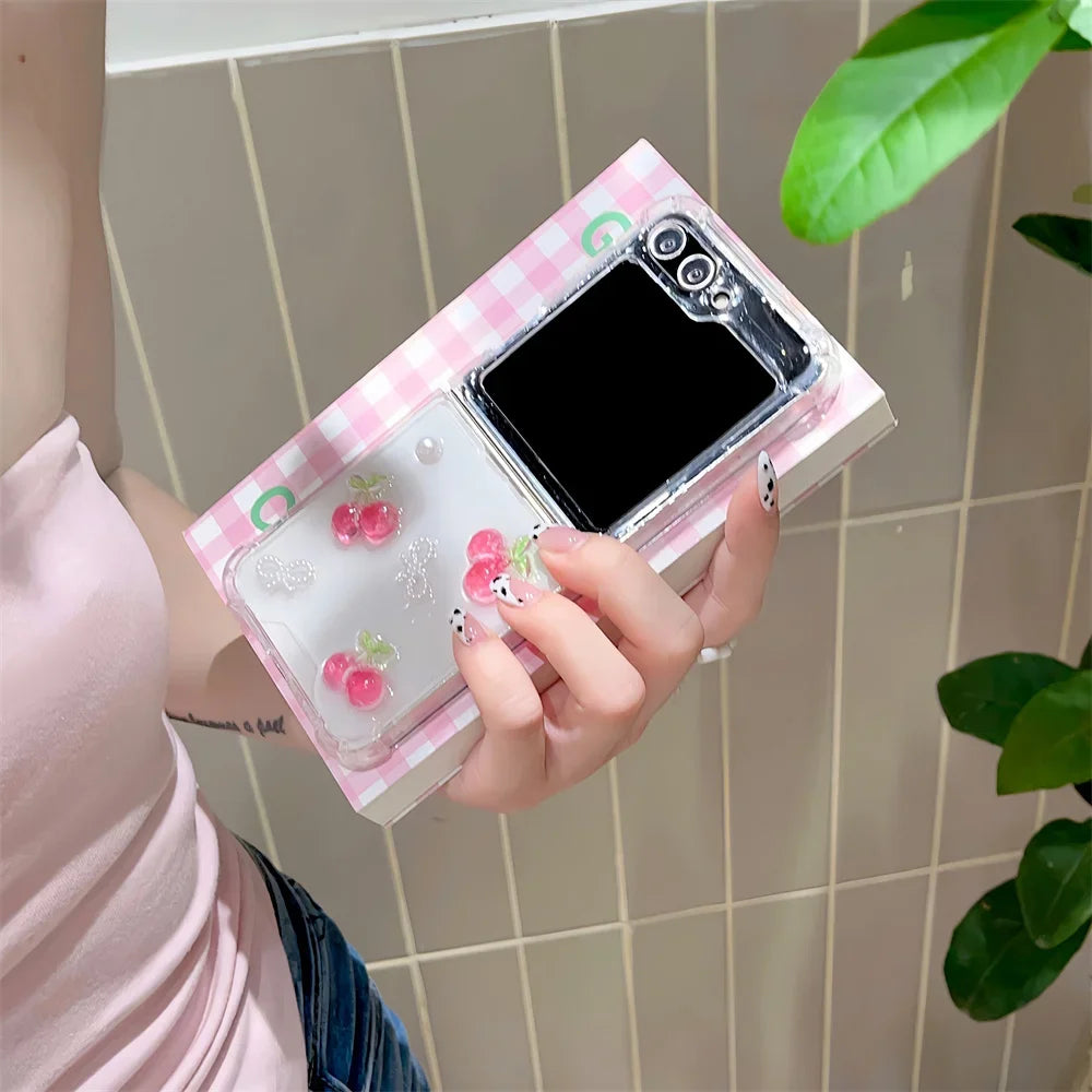 Cute Cherry Wrist Strap Case For Samsung Galaxy Z Flip 5 4 3 Phone Cover
