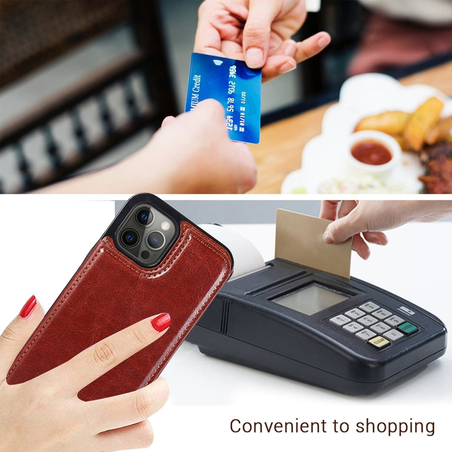 Wallet Double Button With Card Slot Stand Leather Case For iPhone 15 14 Pro Max 13 12 Plus