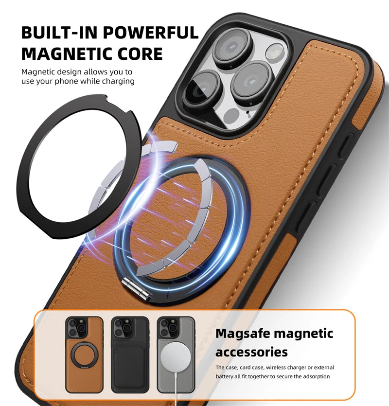Metal Ring Stand Magsafe Magnetic Leather Case