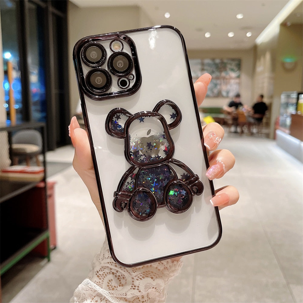 iPhone 15 14 13 12 Cartoon Bear Quicksand Case for iPhone