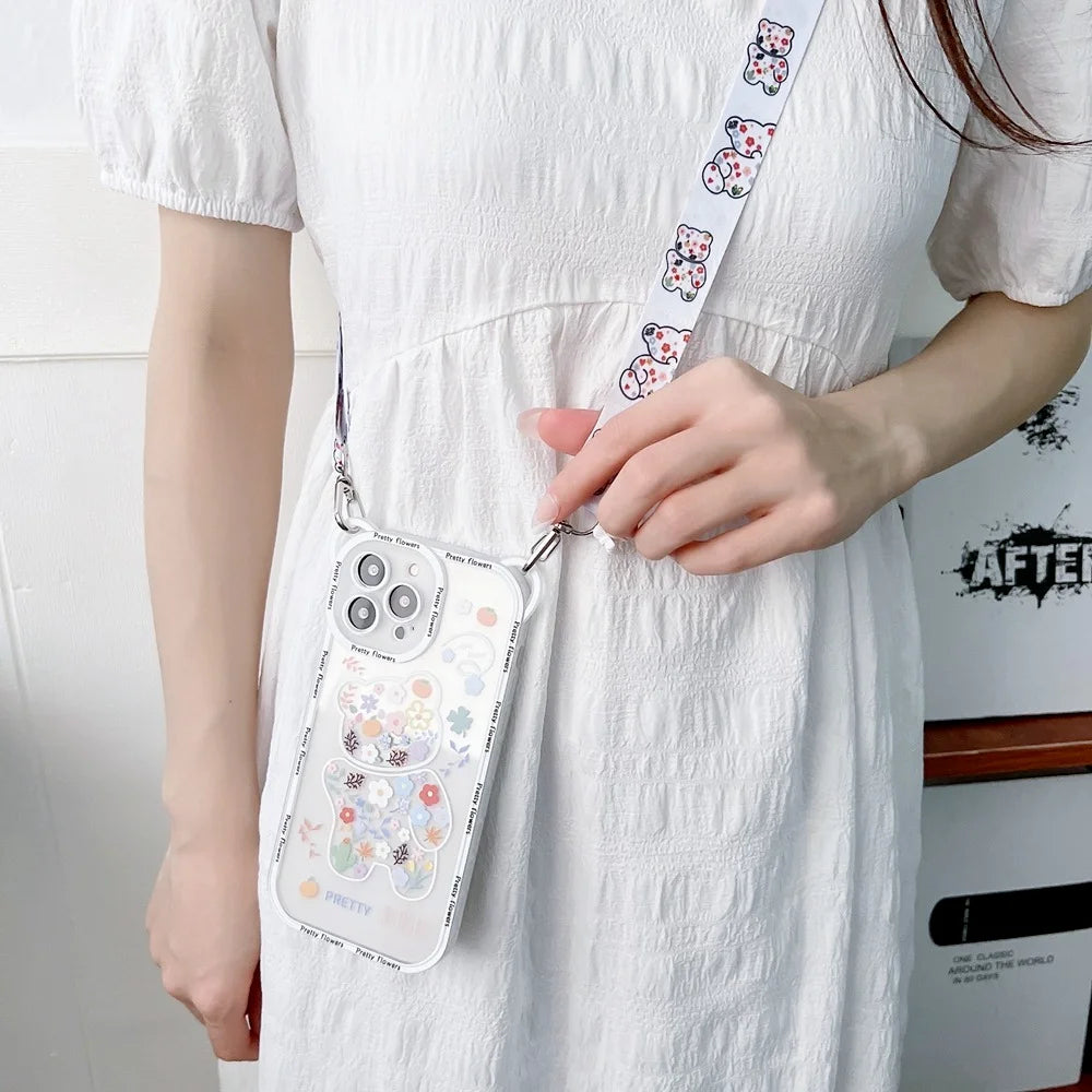 Cute Cartoon Flowers Bear Crossbody Case For iPhone Cover