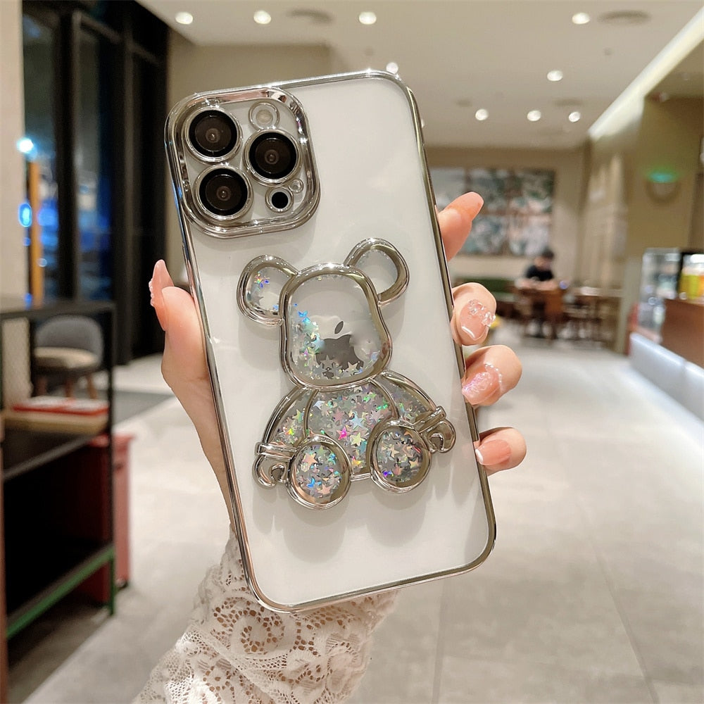 iPhone 15 14 13 12 Cartoon Bear Quicksand Case for iPhone
