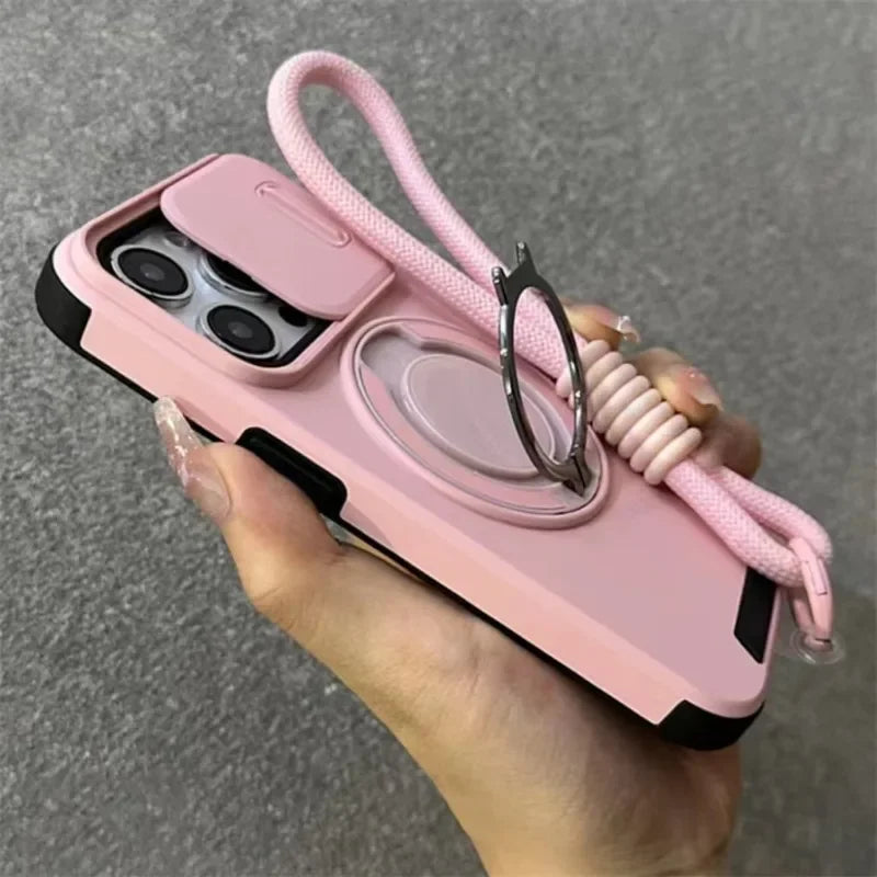 Stand Holder Slide Window Magnetic with Wrist Strap Phone Case