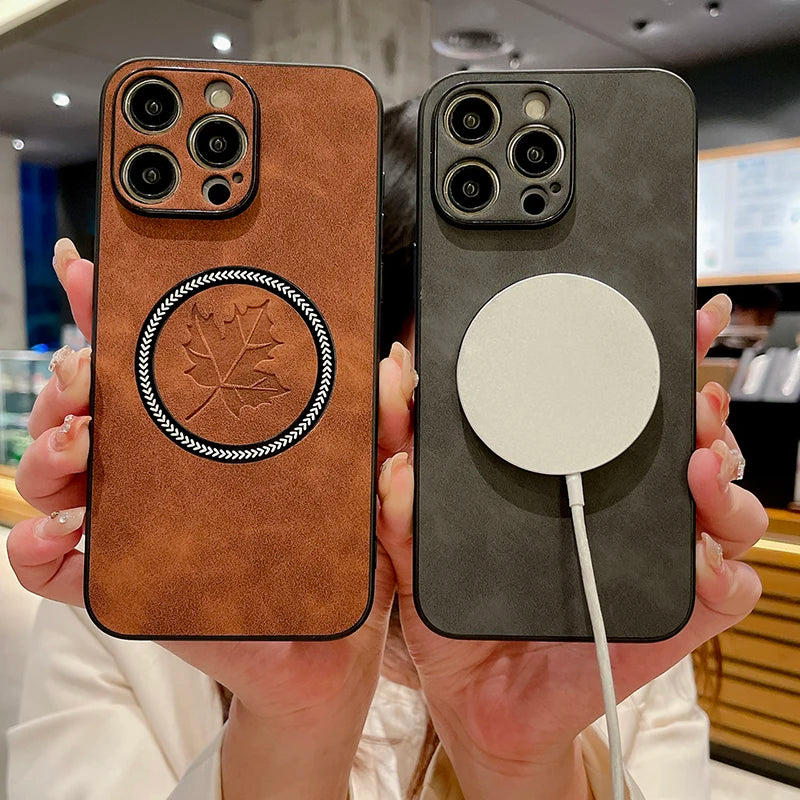 Leather Case For iphone Magsafe Wireless Charging Phone Cover