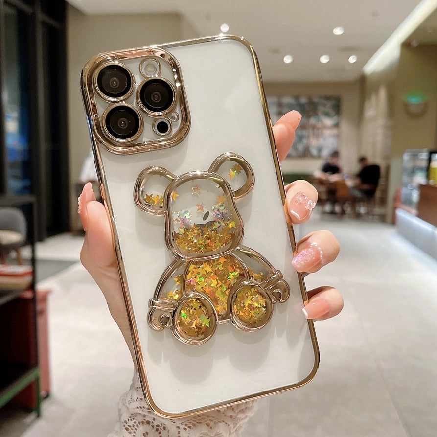 iPhone 15 14 13 12 Cartoon Bear Quicksand Case for iPhone