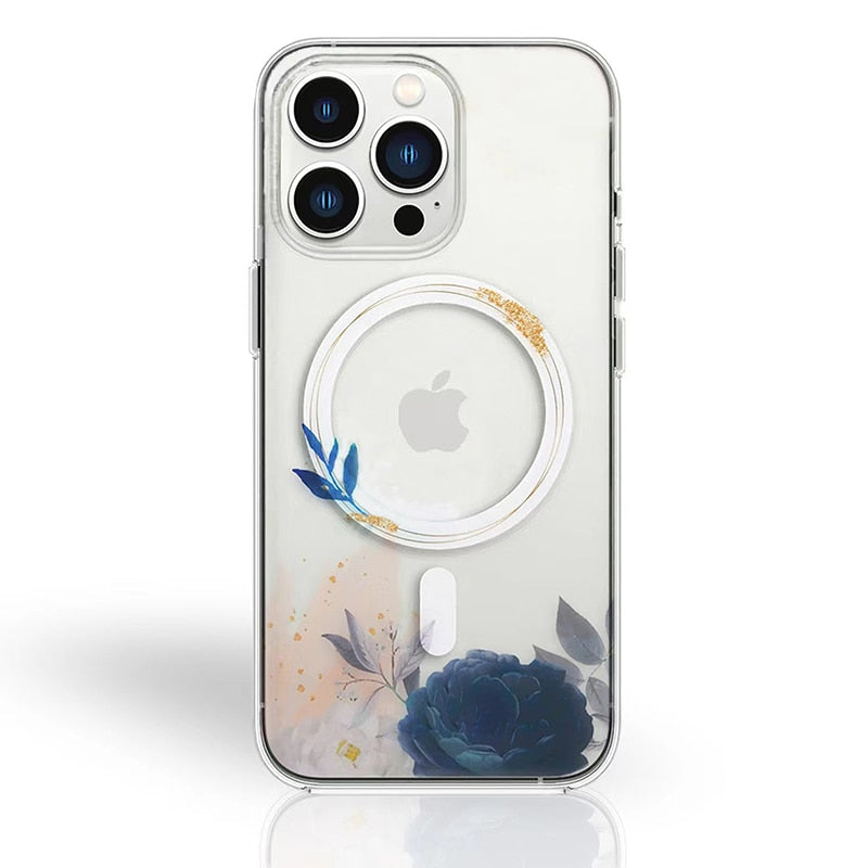 iPhone 15 14 13 12 Flower Pattern Clear Magnetic Case