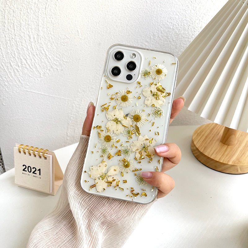iPhone 15 14 13 12 Gold Foil Real flowers Phone Cases