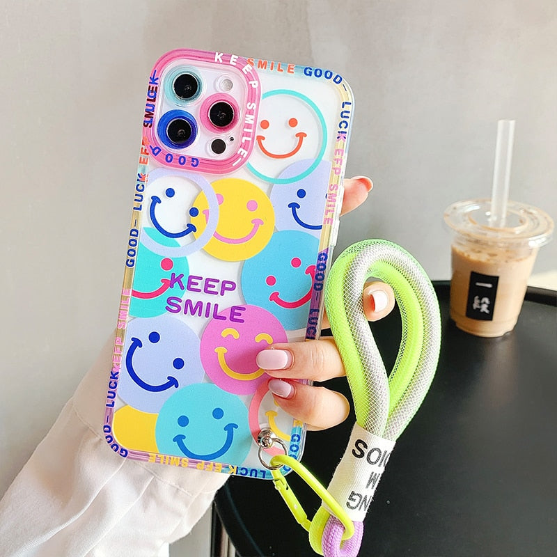 Cute Colorful Flowers Case for iphone 14 13 Pro Max 12 plus Cover With Hand Strap
