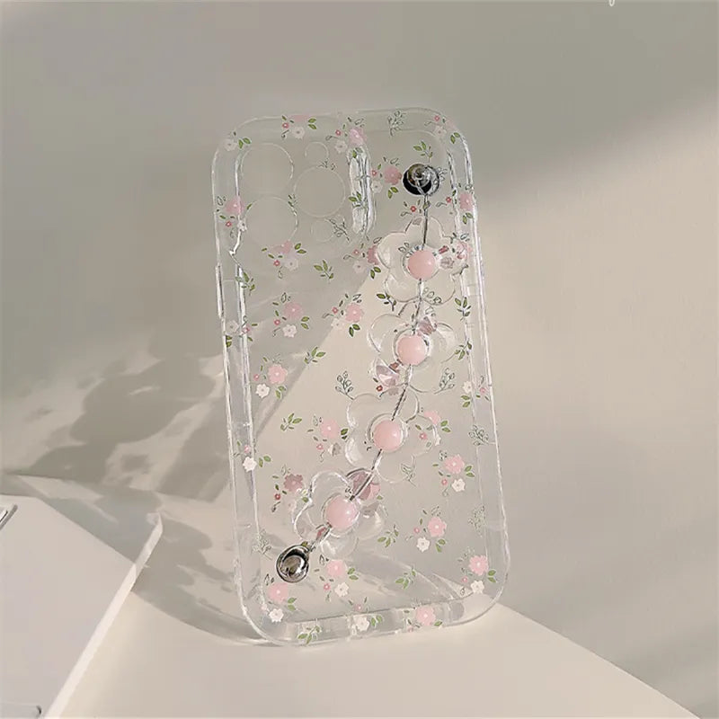 Cute Flower Wrist Phone Chain Soft Phone Case For iphone 15 14 12 13 Pro Max Plus