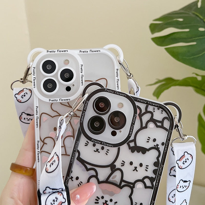 Cute Bear Lanyard Phone Case For iPhone 14 13 12 Pro Max 14 Plus Cover