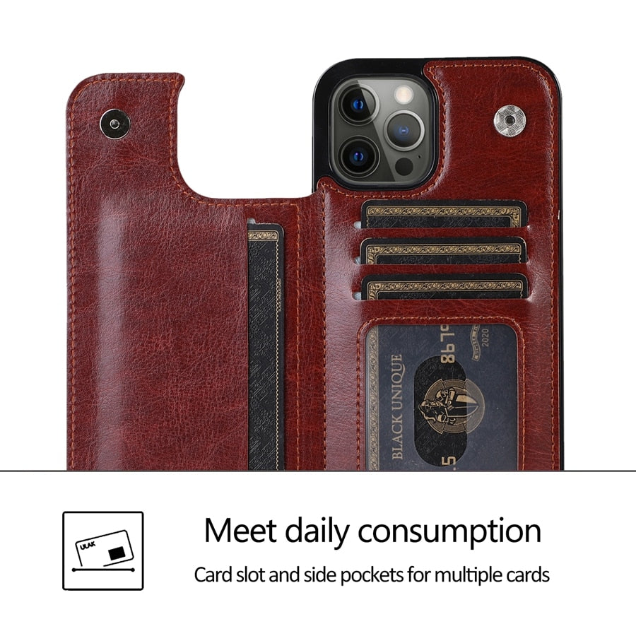 Wallet Double Button With Card Slot Stand Leather Case For iPhone 15 14 Pro Max 13 12 Plus