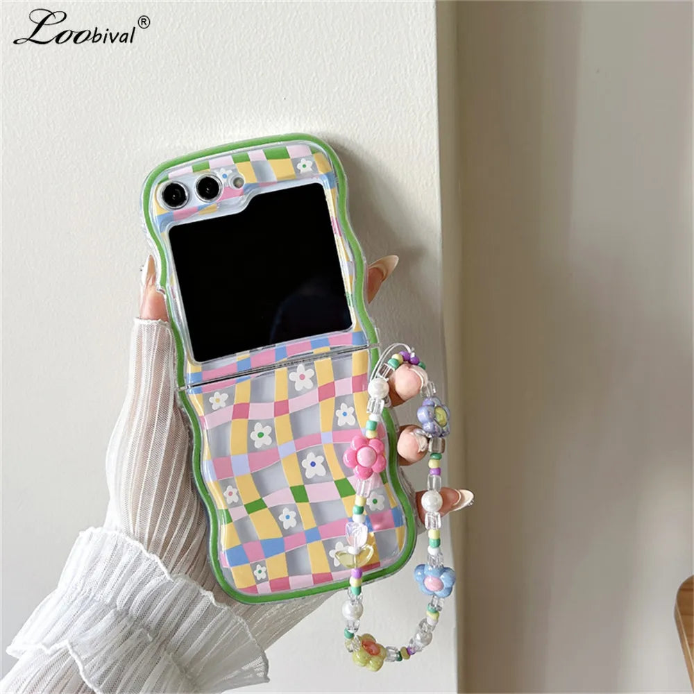 Flower Case for Samsung Galaxy Z Flip 5 4 3 Flip5 Zflip4 flip3 Wrist Chain Cover