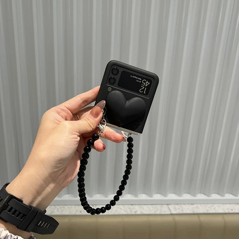 Black Heart Bracelet Chain Hard Case for Samsung Galaxy Zflip3 Zflip4 Zflip5 Cover