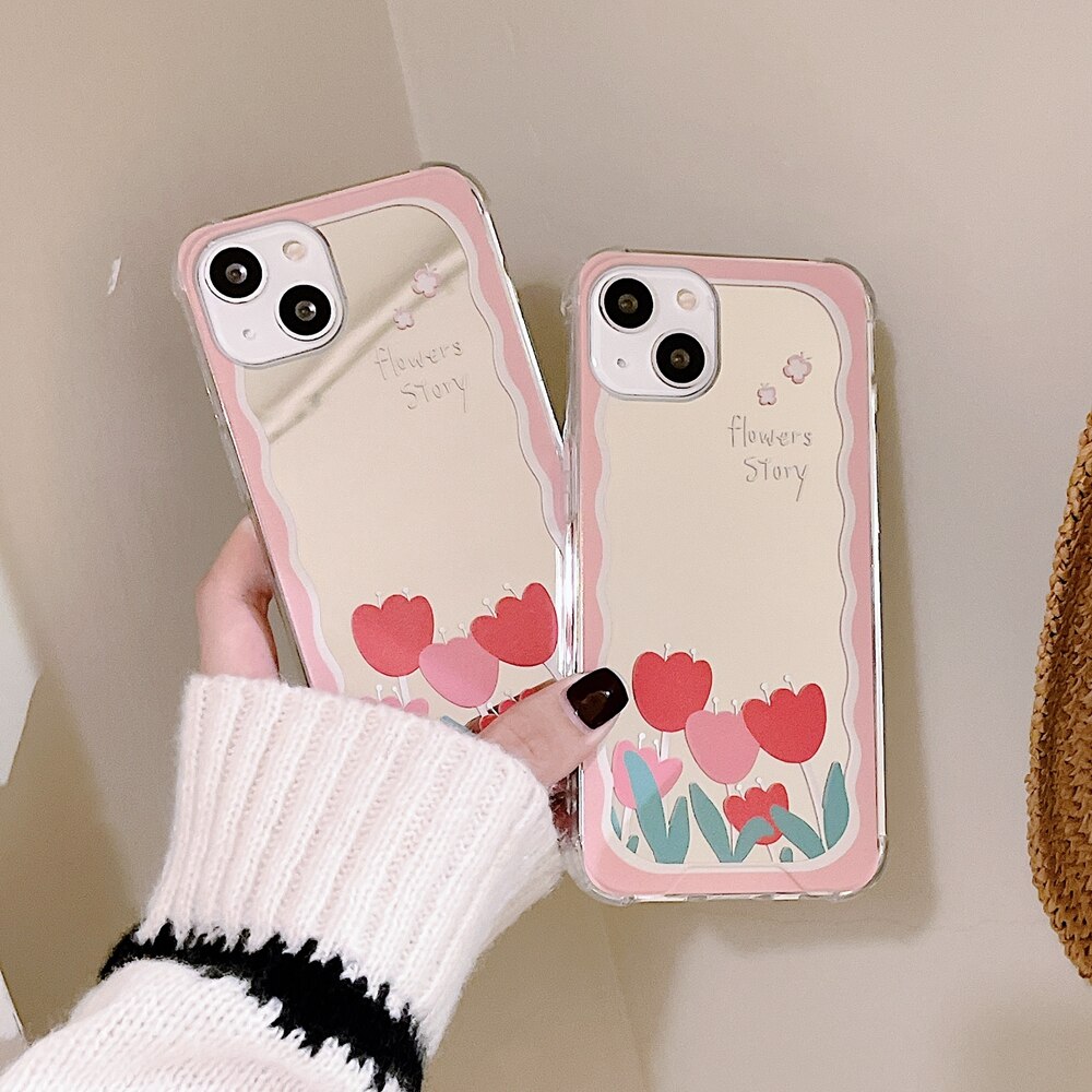 Mirror Phone Case for iPhone 14 Plus Flower Soft Cover for iPhone 12 13 Pro Max