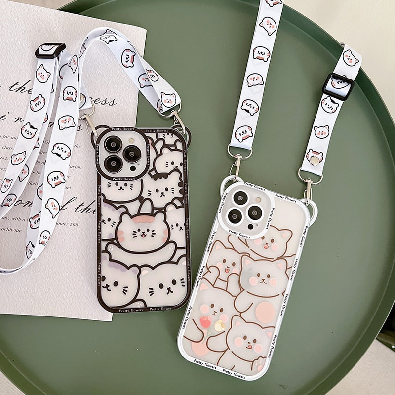 Cute Bear Lanyard Phone Case For iPhone 14 13 12 Pro Max 14 Plus Cover