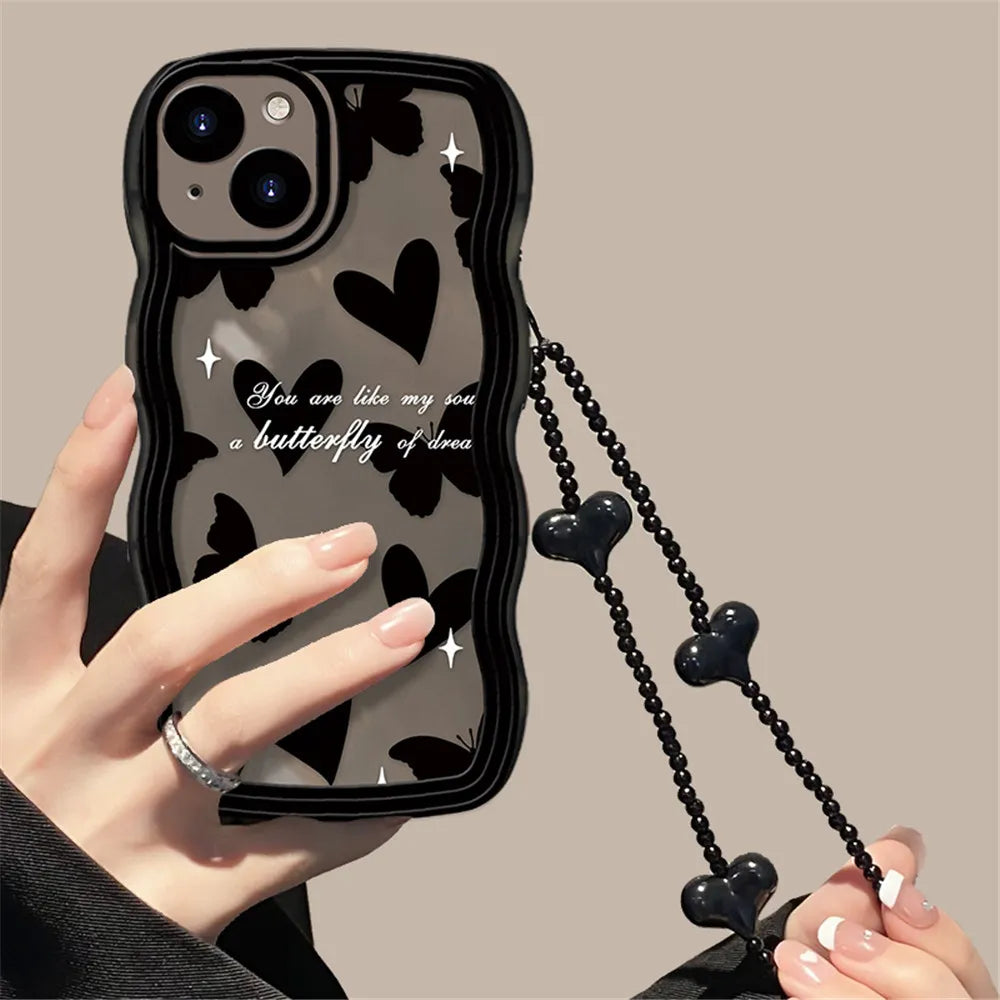 Cute Black Chain Soft Case For iPhone 15 14 Pro Max 12 13 15 Plus Clear Cover