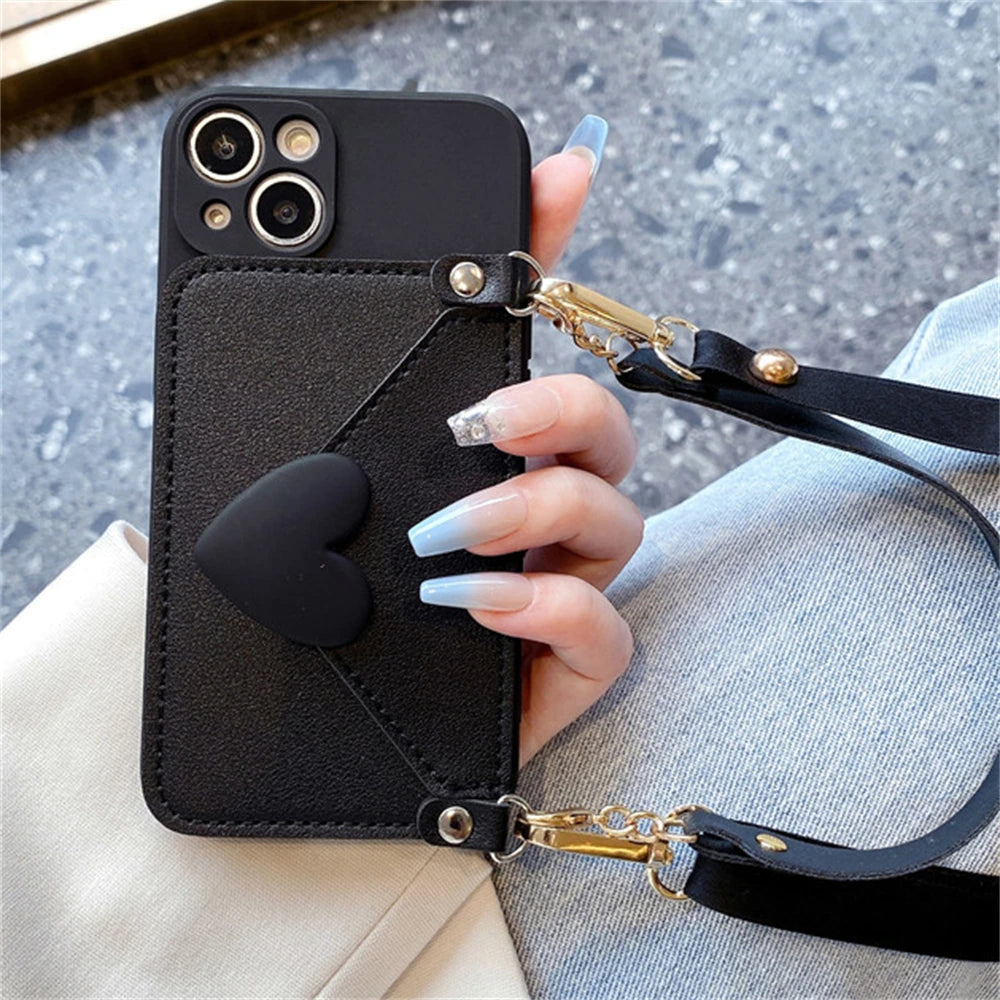 Cute Crossbody Leather Card Case For iPhone 15 14 Pro Max 13 12 Plus Shockproof Cover